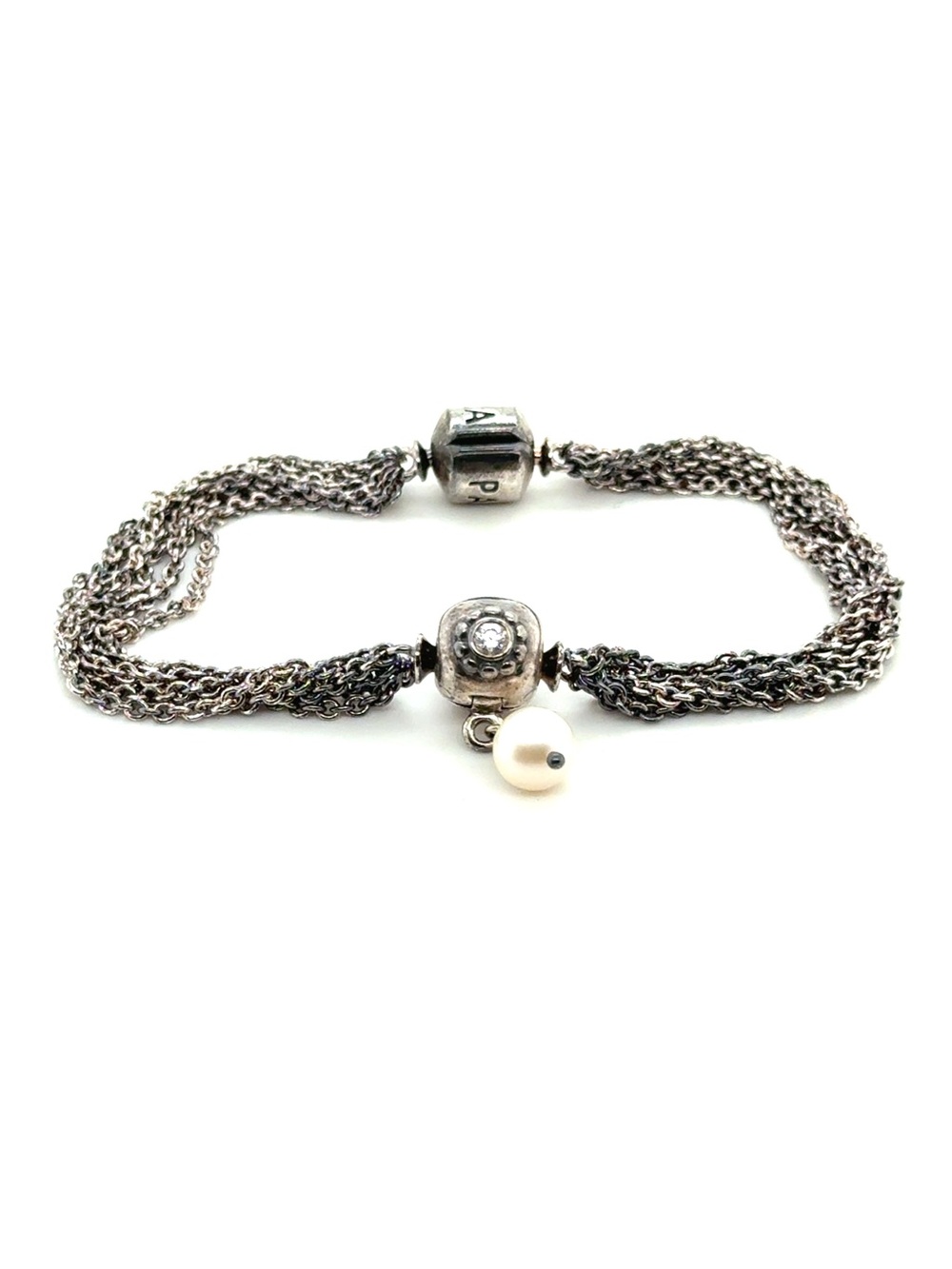 Pandora Silver Multi-Strand Chain Bracelet with Pearl Charm‎